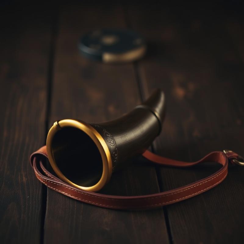 Viking drinking horn with a bronze rim and leather strap