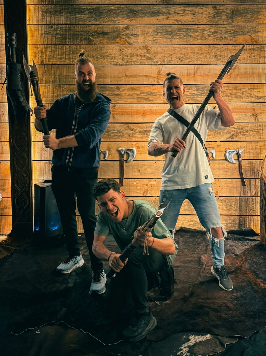 The Valhalla World team posing with Viking weapons in the game room