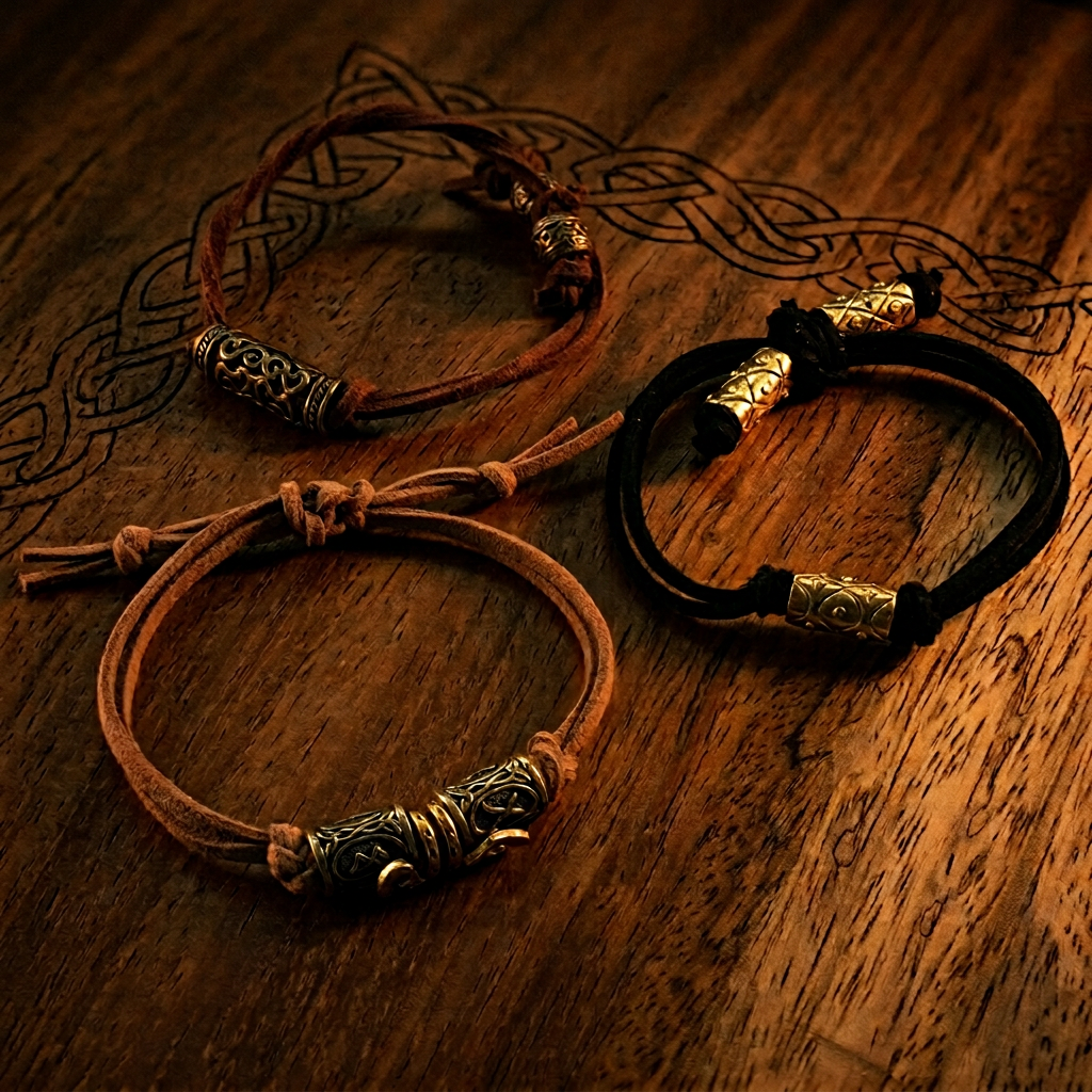 Close-up of handmade Viking bracelets with suede cord and small bronze charms
